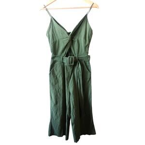 Womens 100% Cotton Jumpsuit Medium Green Cut Out Belted Cropped Wide Leg Pockets